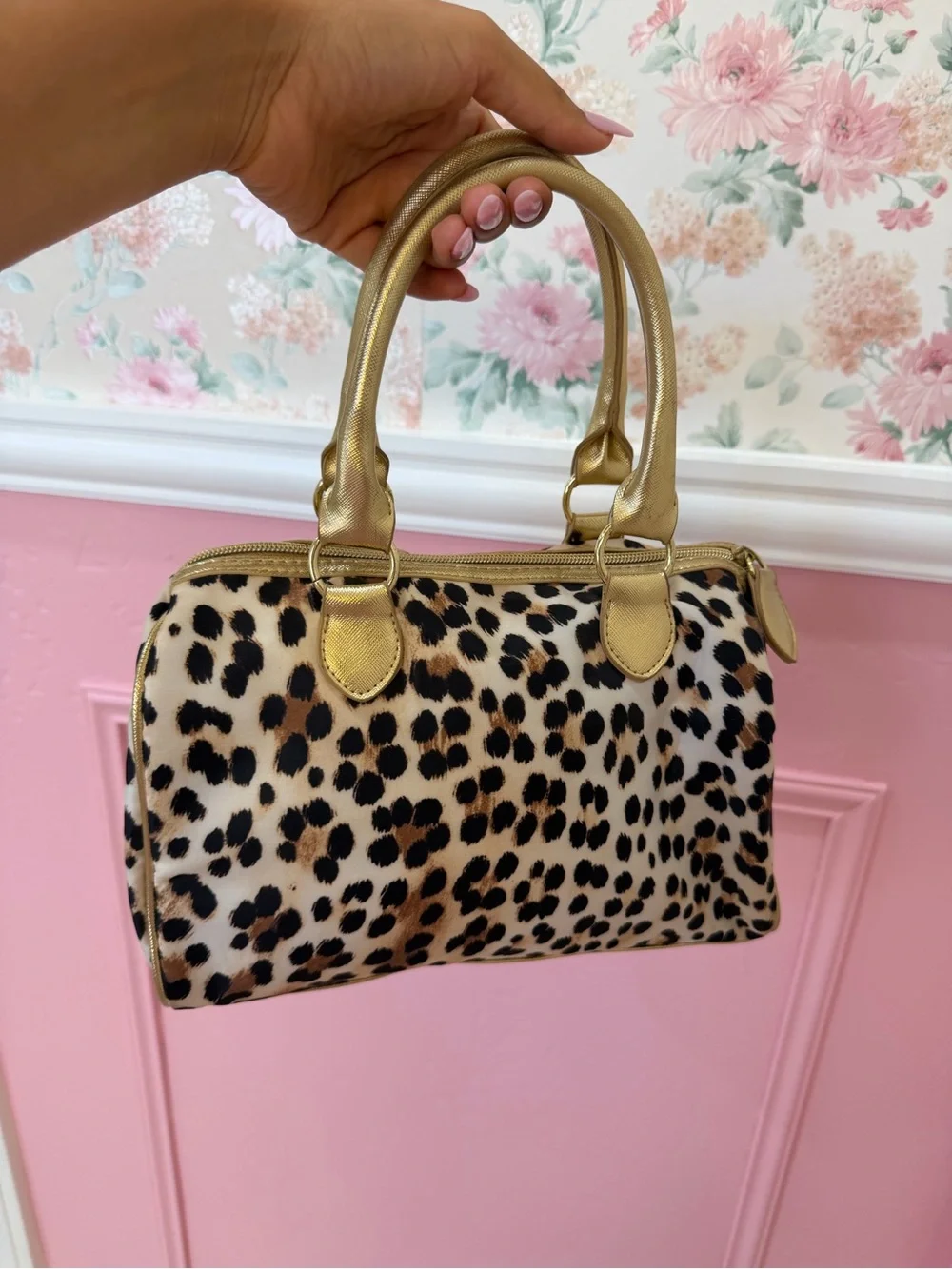 Y2K Leopard Print Satchel with Gold Accents - Women's Handbag